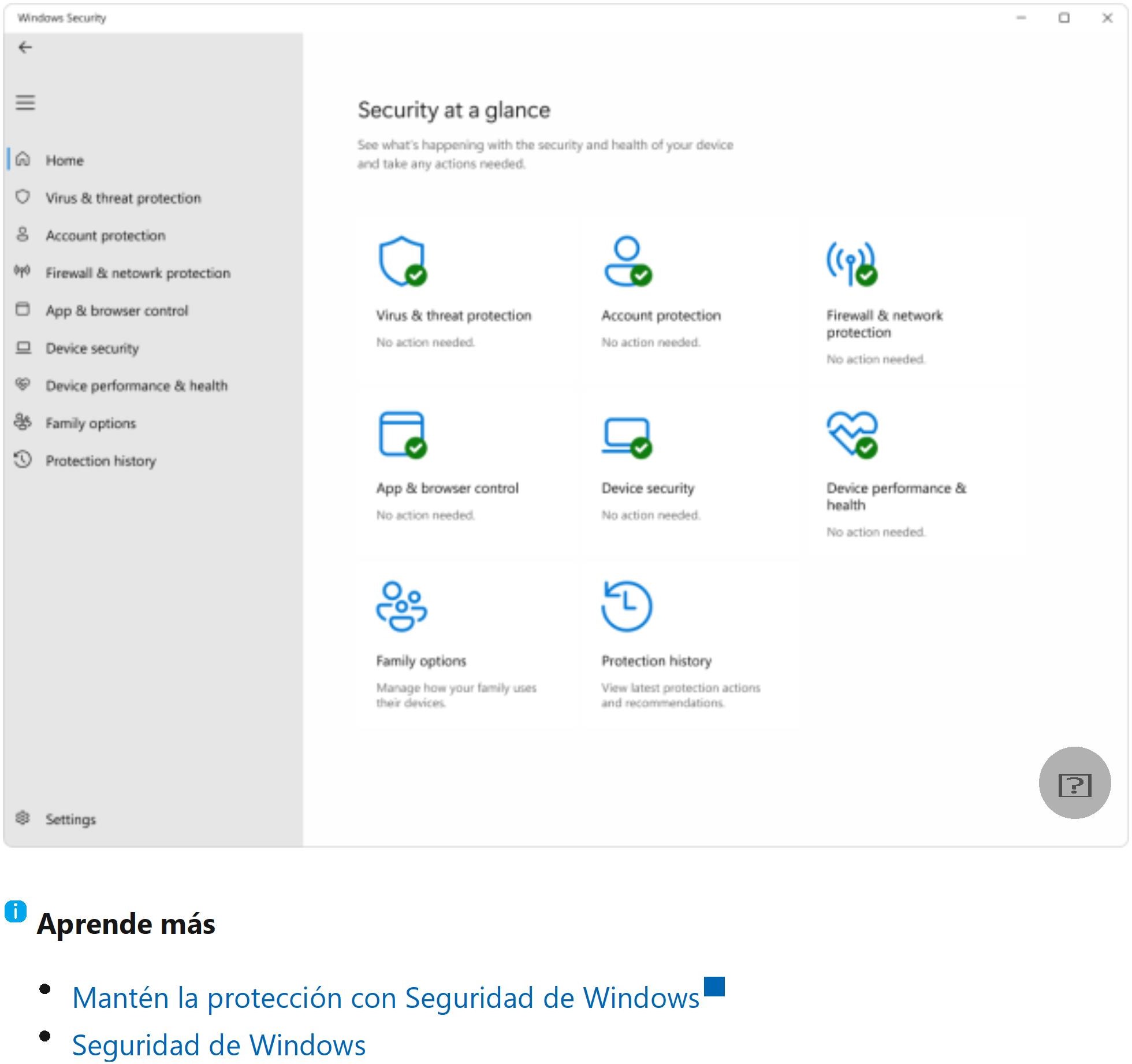 Captura de pantalla de la aplicación Seguridad de Windows.